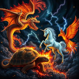 A fierce battle scene in a dramatic dark sky featuring a dragon, a unicorn, a turtle, and a phoenix
