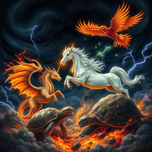 A fierce battle scene in a dramatic dark sky featuring a dragon, a unicorn, a turtle, and a phoenix