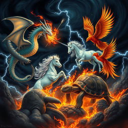 A fierce battle scene in a dramatic dark sky featuring a dragon, a unicorn, a turtle, and a phoenix