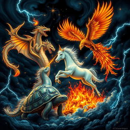 A fierce battle scene in a dramatic dark sky featuring a dragon, a unicorn, a turtle, and a phoenix
