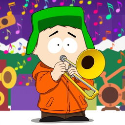 A vibrant illustration of Kyle Broflovski from South Park playing a trombone, capturing the essence of his character in the classic South Park animation style