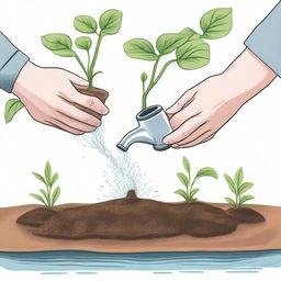 A detailed depiction of hands gently watering seedlings, struggling to scoop water