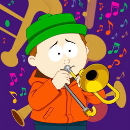 A vibrant illustration of Kyle Broflovski from South Park playing a trombone, capturing the essence of his character in the classic South Park animation style