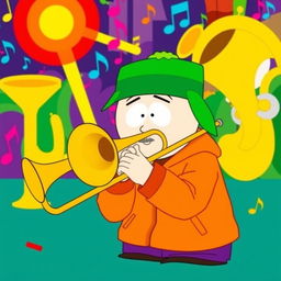 A vibrant illustration of Kyle Broflovski from South Park playing a trombone, capturing the essence of his character in the classic South Park animation style