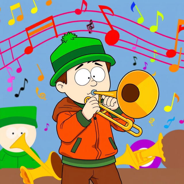 A vibrant illustration of Kyle Broflovski from South Park playing a trombone, capturing the essence of his character in the classic South Park animation style