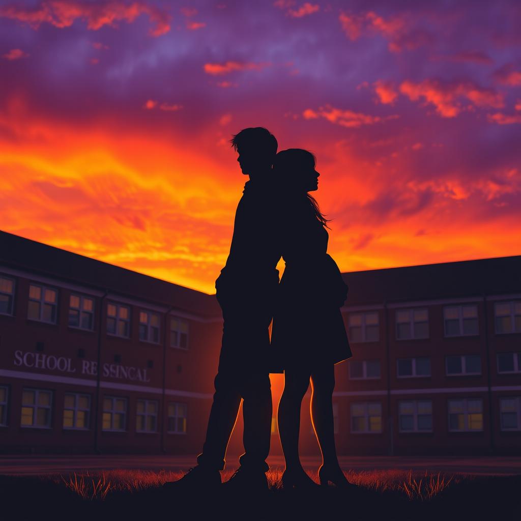 A heartfelt sunset scene depicting a pair of lovers standing back-to-back, their silhouettes outlined against a vibrant orange and purple sky, symbolizing their impending farewell