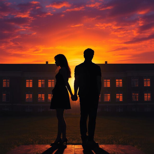 A heartfelt sunset scene depicting a pair of lovers standing back-to-back, their silhouettes outlined against a vibrant orange and purple sky, symbolizing their impending farewell