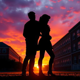 A heartfelt sunset scene depicting a pair of lovers standing back-to-back, their silhouettes outlined against a vibrant orange and purple sky, symbolizing their impending farewell