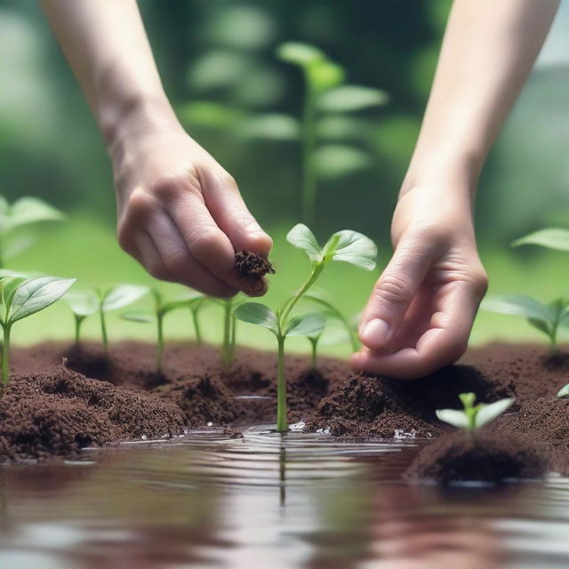 A detailed depiction of hands gently watering seedlings, struggling to scoop water