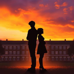 A heartfelt sunset scene depicting a pair of lovers standing back-to-back, their silhouettes outlined against a vibrant orange and purple sky, symbolizing their impending farewell