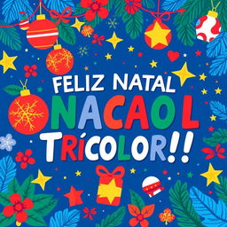 A vibrant and festive design featuring the phrase "FELIZ NATAL NACAO TRICOLOR!!!" in Brazilian Portuguese