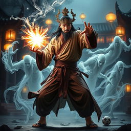 A thrilling scene depicting a great Vietnamese magician engaged in battle with ethereal ghosts