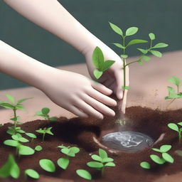 A detailed depiction of hands gently watering seedlings, struggling to scoop water