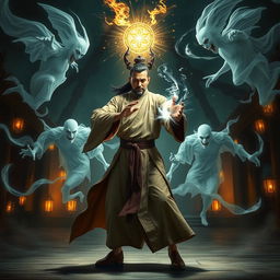 A thrilling scene depicting a great Vietnamese magician engaged in battle with ethereal ghosts