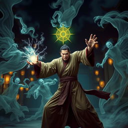 A thrilling scene depicting a great Vietnamese magician engaged in battle with ethereal ghosts