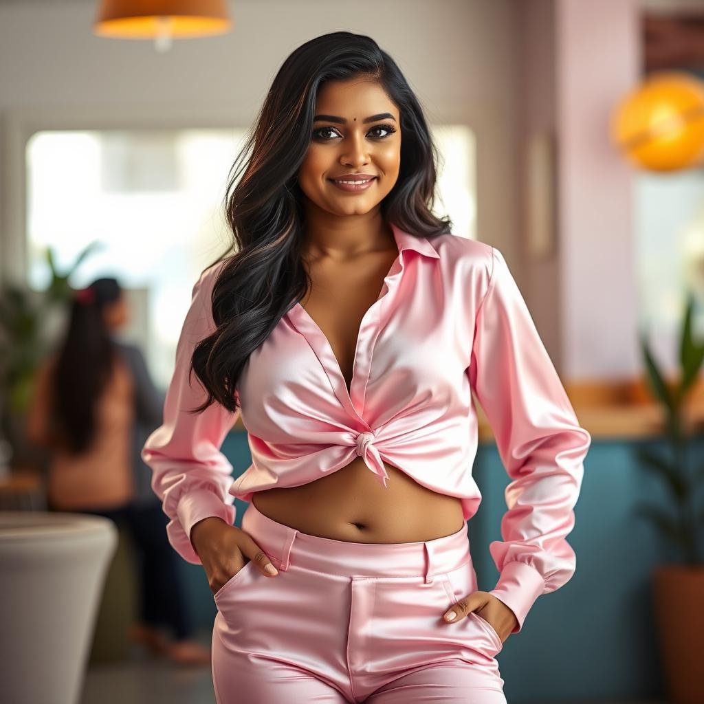 A stunning, attractive Indian girl with a curvy figure, wearing a light pink satin silk blouse that beautifully accentuates her cleavage