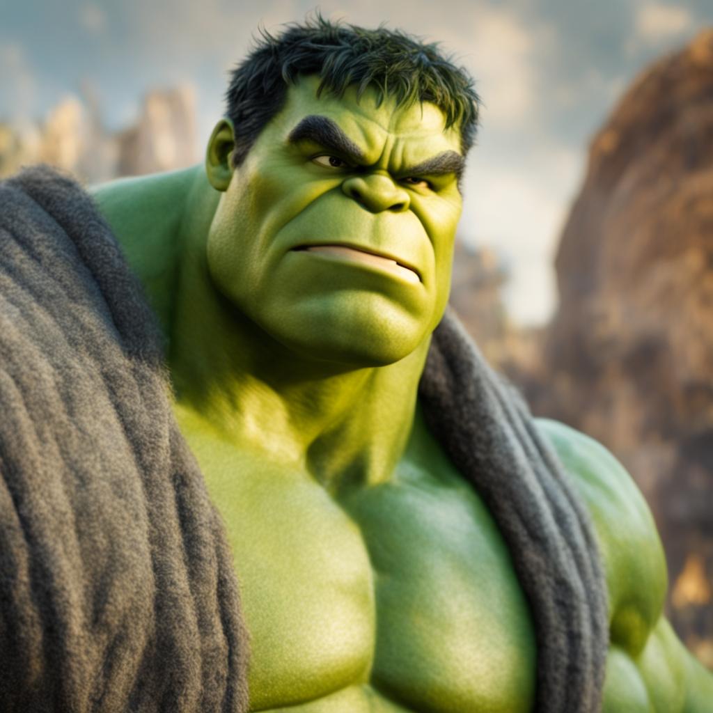 A raw 200mm photograph capturing a unique fusion of Marvel's Hulk and DreamWorks' Shrek in close-up detail against a blurred background