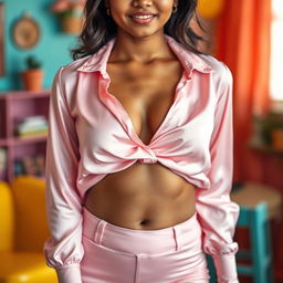 A stunning, attractive Indian girl with a curvy figure, wearing a light pink satin silk blouse that beautifully accentuates her cleavage