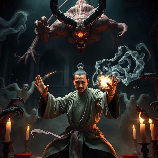 An intense scene showcasing a great Vietnamese magician in an ancient temple, engaged in a fierce battle against ghosts and a bloodied demon