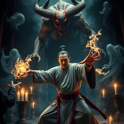 An intense scene showcasing a great Vietnamese magician in an ancient temple, engaged in a fierce battle against ghosts and a bloodied demon
