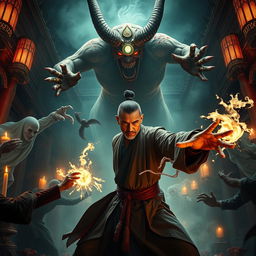 An intense scene showcasing a great Vietnamese magician in an ancient temple, engaged in a fierce battle against ghosts and a bloodied demon