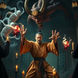 An intense scene showcasing a great Vietnamese magician in an ancient temple, engaged in a fierce battle against ghosts and a bloodied demon