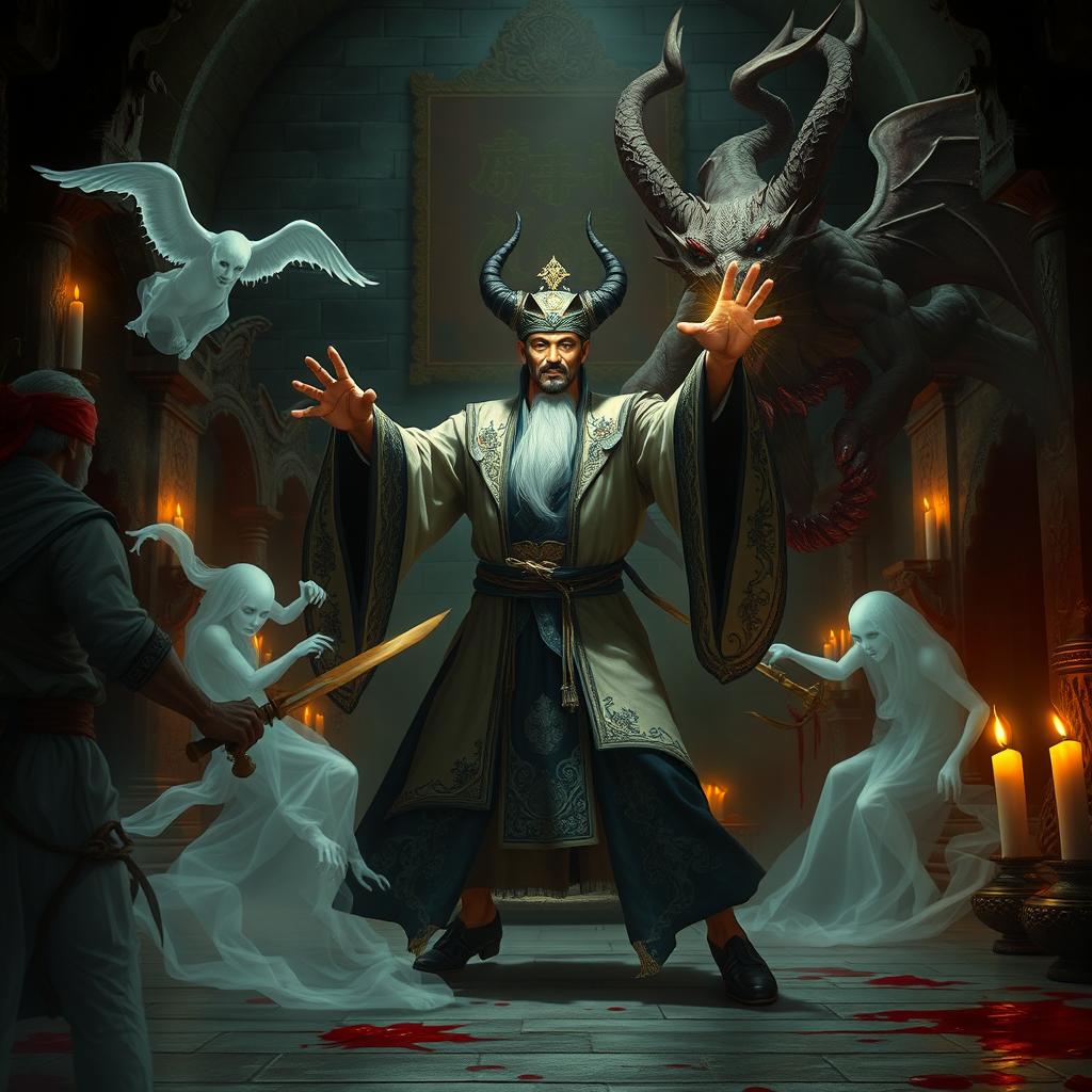 A captivating scene depicting a great Vietnamese magician locked in battle with ethereal ghosts and a menacing bloody demon inside an ancient temple at night