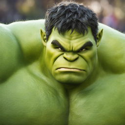 A raw 200mm photograph capturing a unique fusion of Marvel's Hulk and DreamWorks' Shrek in close-up detail against a blurred background