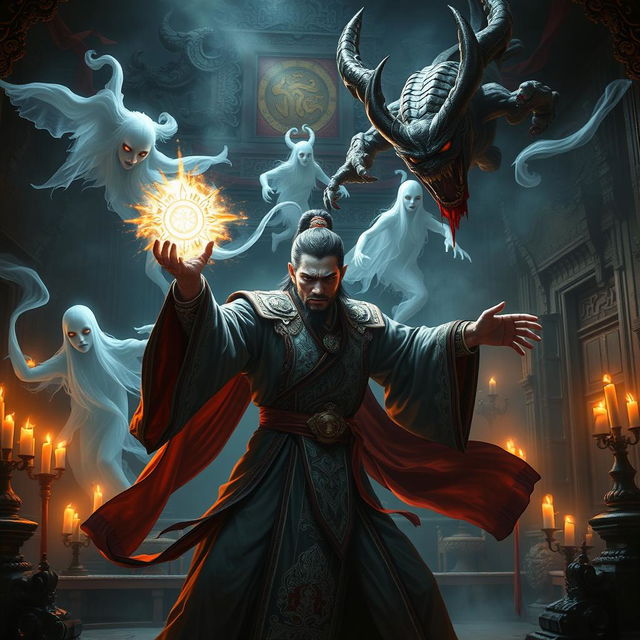 A captivating scene depicting a great Vietnamese magician locked in battle with ethereal ghosts and a menacing bloody demon inside an ancient temple at night