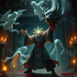A captivating scene depicting a great Vietnamese magician locked in battle with ethereal ghosts and a menacing bloody demon inside an ancient temple at night
