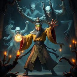 A captivating scene depicting a great Vietnamese magician locked in battle with ethereal ghosts and a menacing bloody demon inside an ancient temple at night
