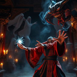 A captivating scene featuring a 20-year-old male magician from Dai Viet, engaged in an epic battle against ghosts and a terrifying bloody demon within an ancient temple at night