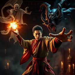 A captivating scene featuring a 20-year-old male magician from Dai Viet, engaged in an epic battle against ghosts and a terrifying bloody demon within an ancient temple at night