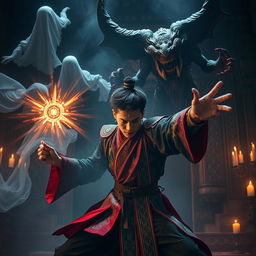 A captivating scene featuring a 20-year-old male magician from Dai Viet, engaged in an epic battle against ghosts and a terrifying bloody demon within an ancient temple at night