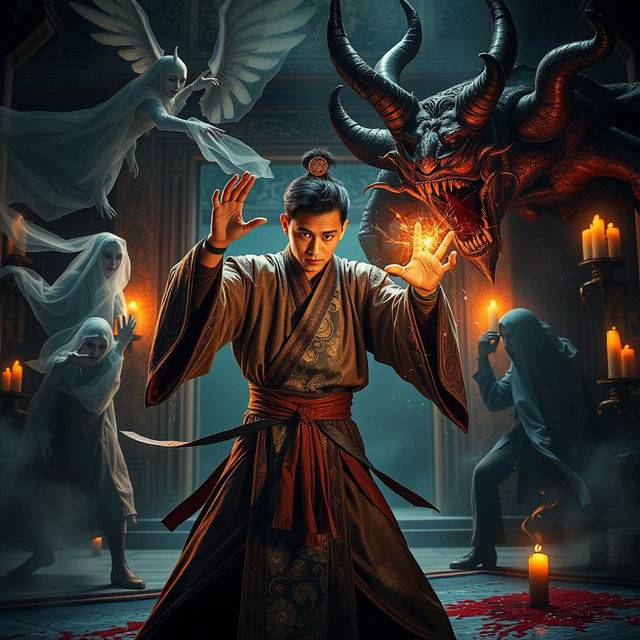 A captivating scene featuring a 20-year-old male magician from Dai Viet, engaged in an epic battle against ghosts and a terrifying bloody demon within an ancient temple at night