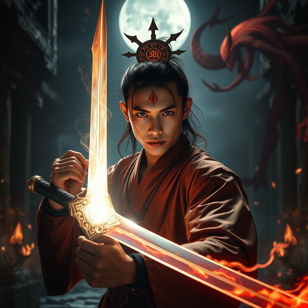 A dramatic scene featuring a 20-year-old male magician from Dai Viet, poised and ready for battle as he holds a gleaming magic sword against a swirling soul