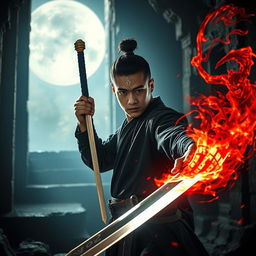 A dramatic scene featuring a 20-year-old male magician from Dai Viet, poised and ready for battle as he holds a gleaming magic sword against a swirling soul