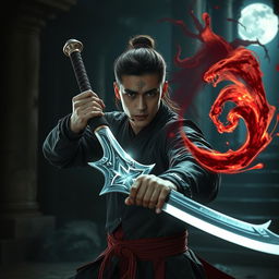 A dramatic scene featuring a 20-year-old male magician from Dai Viet, poised and ready for battle as he holds a gleaming magic sword against a swirling soul