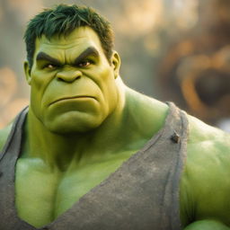 A raw 200mm photograph capturing a unique fusion of Marvel's Hulk and DreamWorks' Shrek in close-up detail against a blurred background