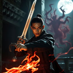 A dramatic scene featuring a 20-year-old male magician from Dai Viet, poised and ready for battle as he holds a gleaming magic sword against a swirling soul