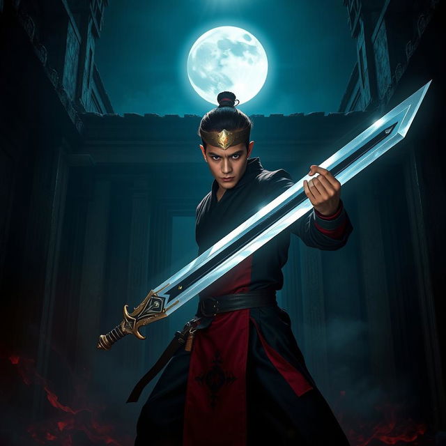 A striking scene featuring a 20-year-old male magician from Dai Viet, standing valiantly in an ancient temple at night