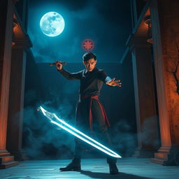A striking scene featuring a 20-year-old male magician from Dai Viet, standing valiantly in an ancient temple at night