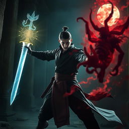 A striking scene featuring a 20-year-old male magician from Dai Viet, standing valiantly in an ancient temple at night