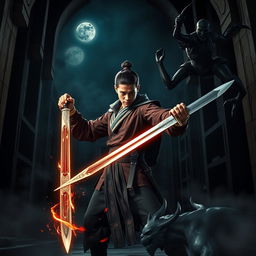 A striking scene featuring a 20-year-old male magician from Dai Viet, standing valiantly in an ancient temple at night