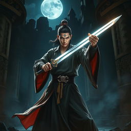 A thrilling depiction of a 20-year-old male magician from Dai Viet, brandishing a shimmering magic sword as he prepares to combat a sinister soul