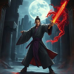 A thrilling depiction of a 20-year-old male magician from Dai Viet, brandishing a shimmering magic sword as he prepares to combat a sinister soul