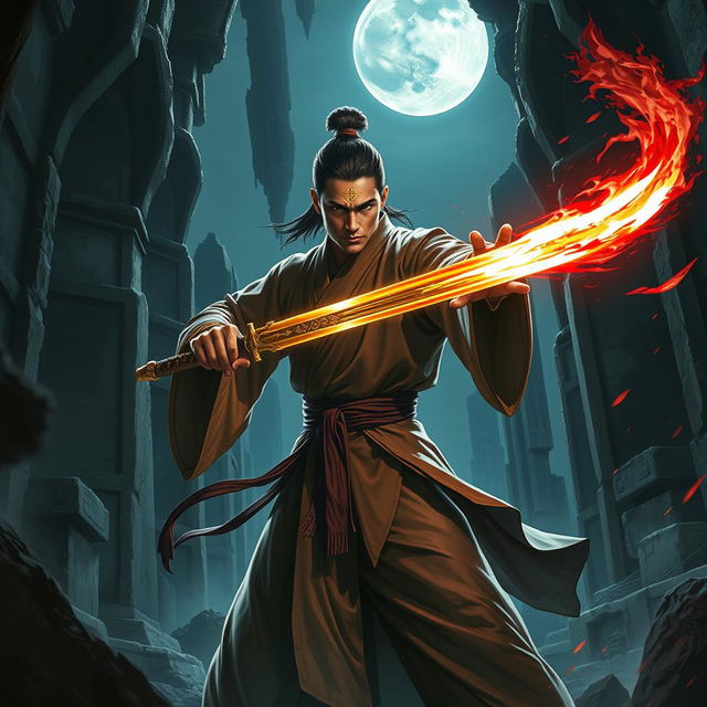 A thrilling depiction of a 20-year-old male magician from Dai Viet, brandishing a shimmering magic sword as he prepares to combat a sinister soul