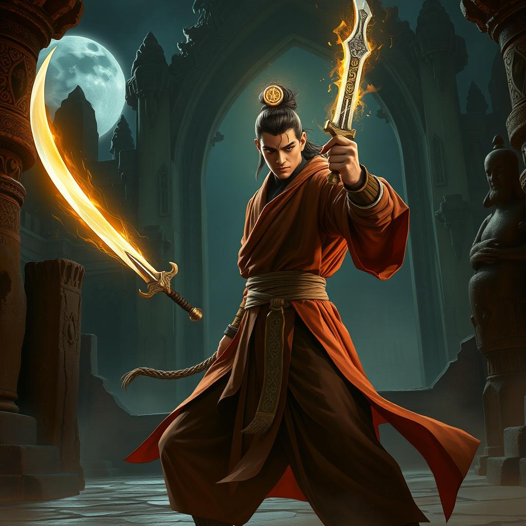 A thrilling depiction of a 20-year-old male magician from Dai Viet, brandishing a shimmering magic sword as he prepares to combat a sinister soul