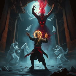 An intense scene depicting a great Vietnamese magician locked in battle with ghostly figures, showcasing his powerful abilities as he wears a glowing talisman on his head