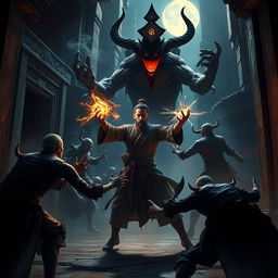 An intense scene depicting a great Vietnamese magician locked in battle with ghostly figures, showcasing his powerful abilities as he wears a glowing talisman on his head